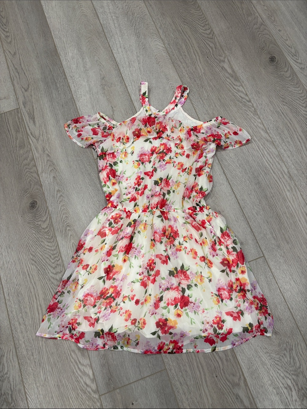 abercrombie kids Floral Cold-Shoulder Dress in Cream, Pink & Red size 15/16